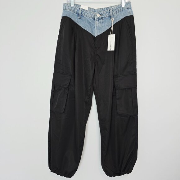 NWT Blank NYC Pleated Denim Waist Cargo Pants Size 28 Black - Picture 1 of 9